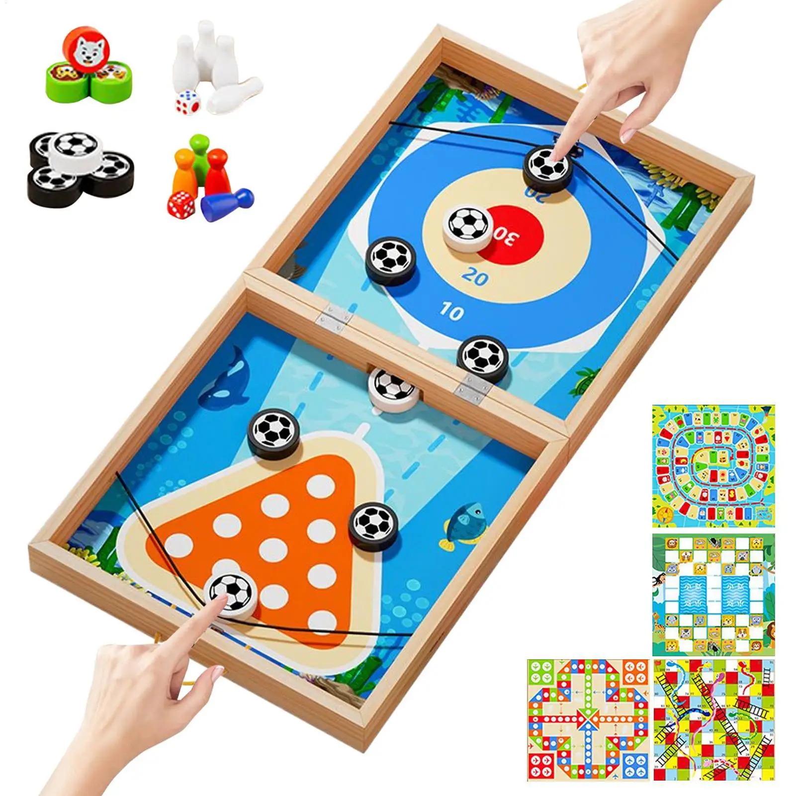 

Table Hockey Paced Sling Puck Board Game Desktop Battle Toys 7-in-1 Wooden Educational Tabletop Game for Activities Travel