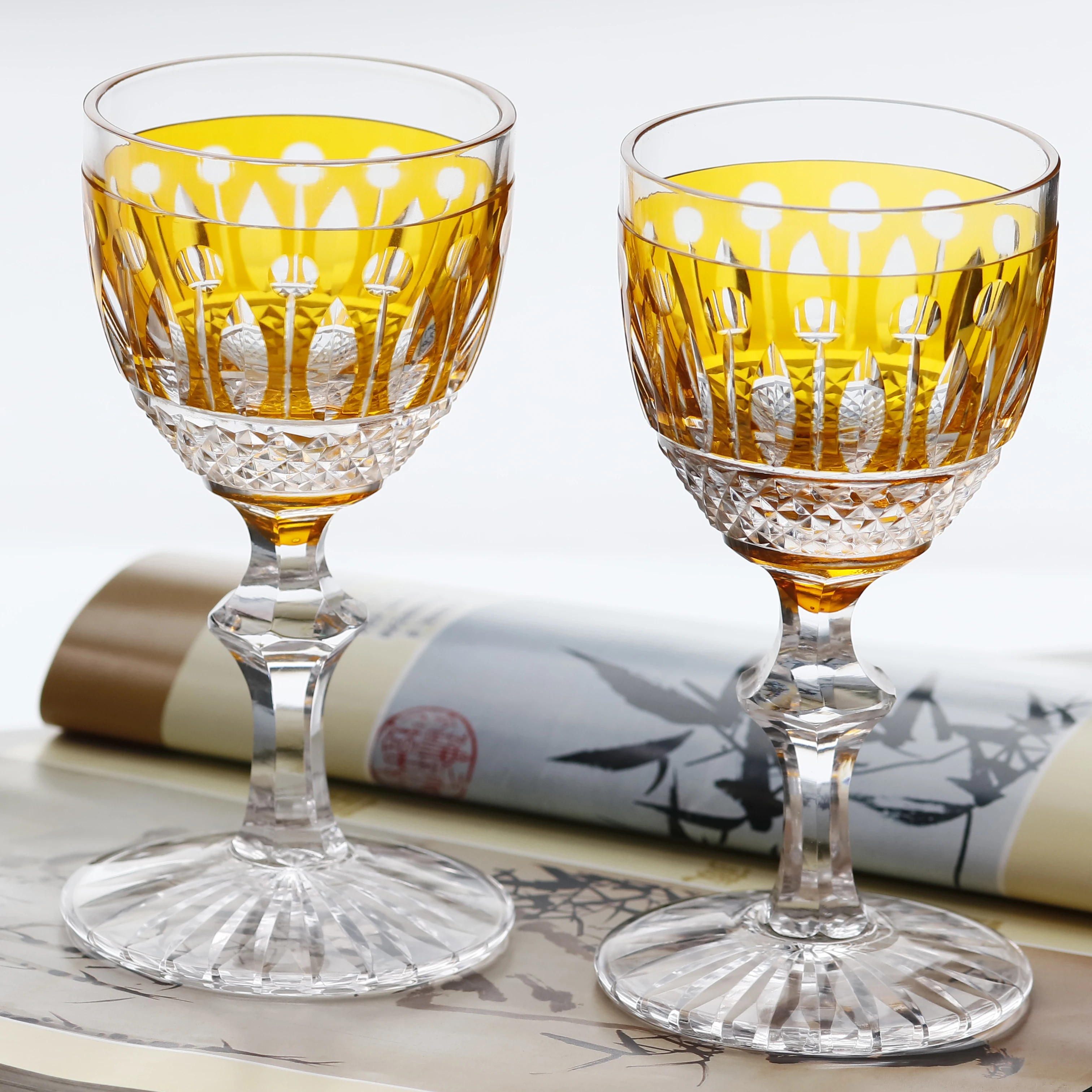 240 ml Yellow Cut Lotus Hand Engraved Hock Goblet Classic Wine Glass Stemware