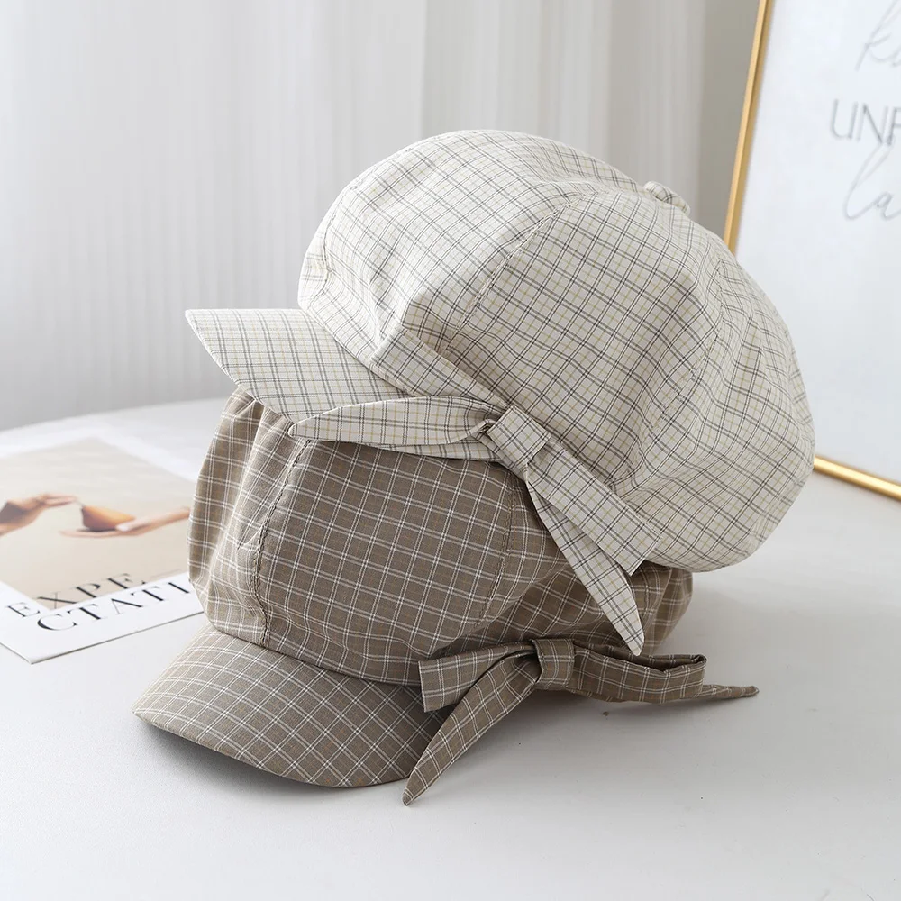 Korean Ins Bow Plaid Beret Women's Spring and Summer Big Head Fashion Shade Sweet Octagonal Newsboy Caps