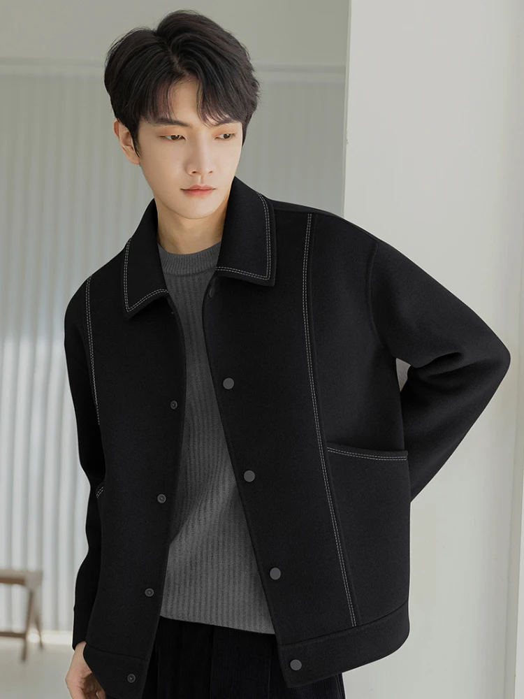 Coat Top Wool Woolen Jacket Men's Autumn Winter Thickened Warm Lapel Single-Breasted High-Grade Short Double-Faced Goods Loose