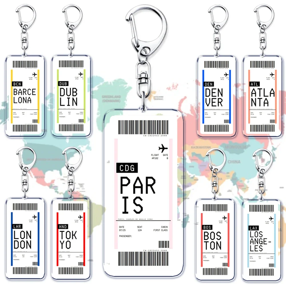 Plane Ticket Boarding Pass Keychain Boston Paris Tokyo New York Keyrings for Accessories Bag Key Chain Ring Jewelry Travel Gifts