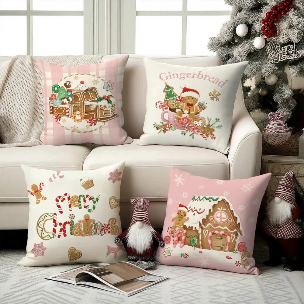 Personalized Christmas Theme Gingerbread Baking House Pattern Throw Pillow, Double-Sided Design, Soft Plush Cushion with Insert