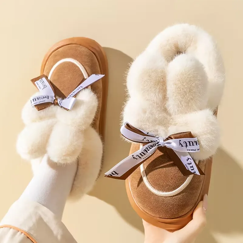 

Rabbit Ears Cotton Slippers New Autumn Winter Women Sweet Bow Soft Indoor Plush Warm Slippers Girls Plush Warm Home Shoes 36-41