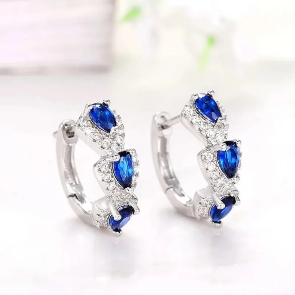 925 Sterling Silver Luxury Trendy Blue Cubic Zirconia Hoop Earrings Wedding Party Elegant Accessories for Women Jewelry Gift image 5