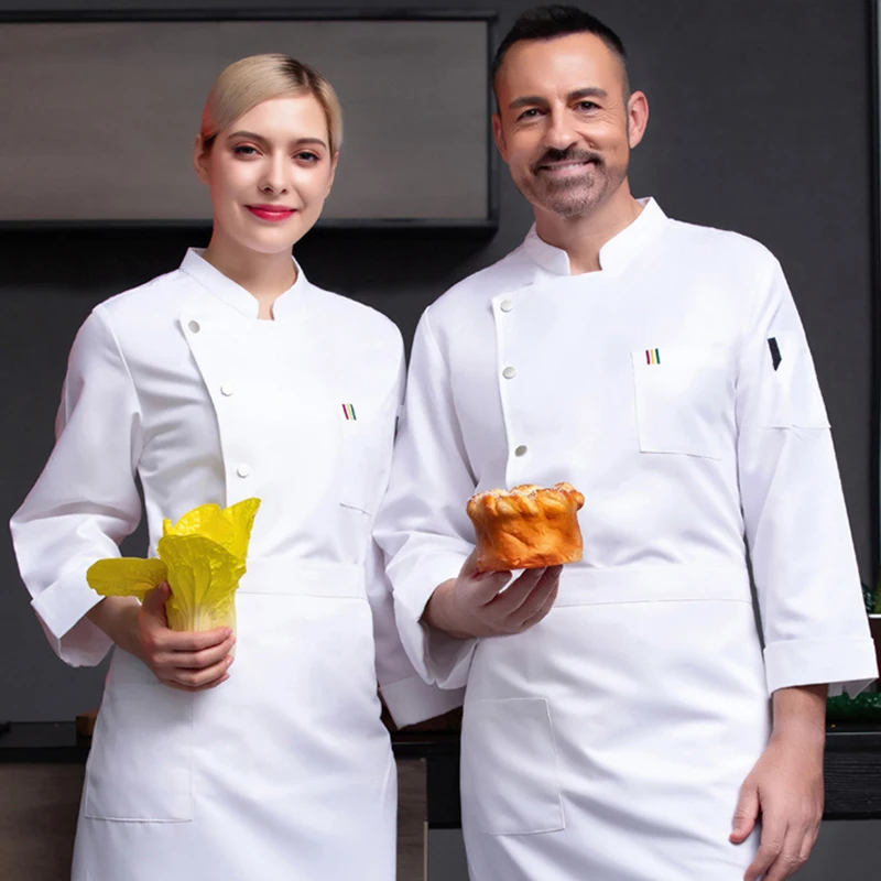 Jaqueta de chefe de manga longa preta, camisa de cozinha para hotel, serviço de bufê, macacão de padaria