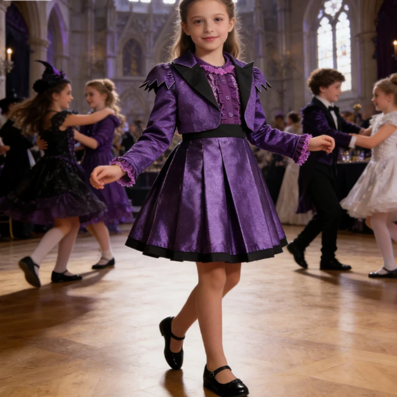Teenage Vampire Purple Long Sleeves Princess Dress With Coat Halloween Costume Girl Vampire Cosplay Costume Carnival Party Set