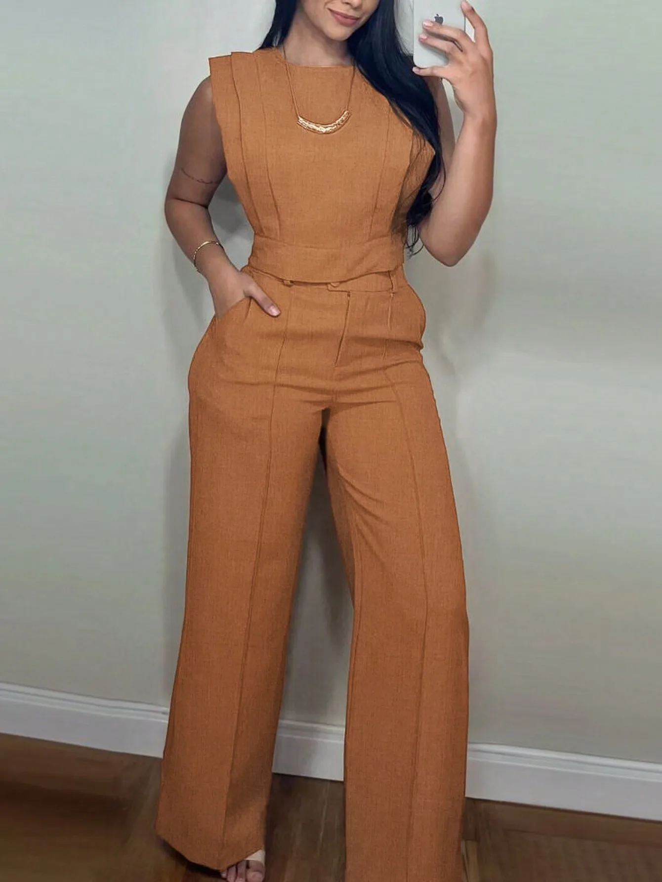 2-Piece Rust Brown Sleeveless Crop Top & Wide-Leg Straight Pants Set