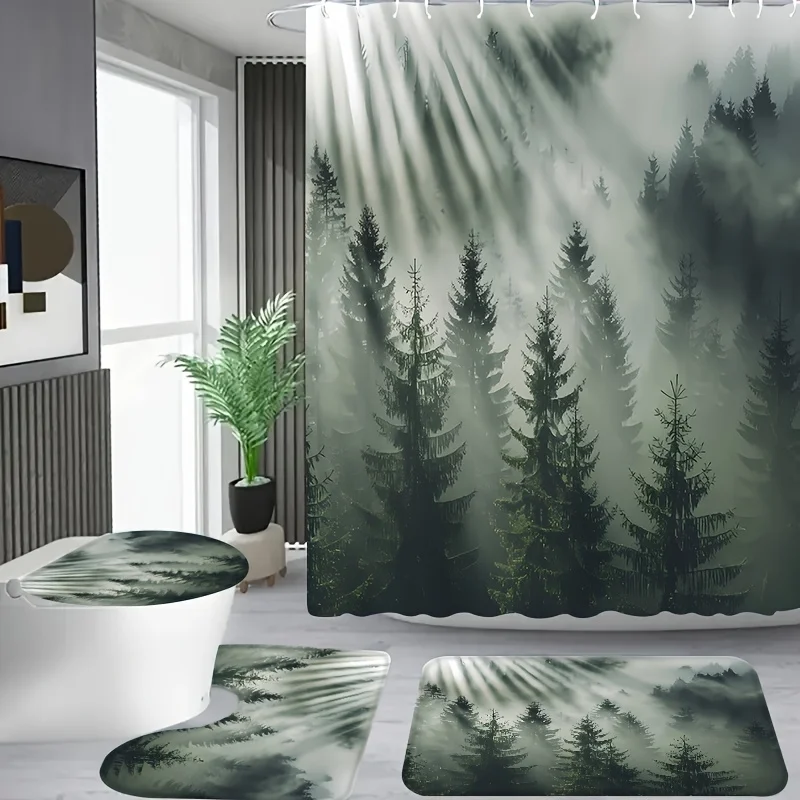 

4 шт., набор занавесок для душа в ванной комнате с рисунком Hazy Green Forest и 12 крючками, коврик для ванной комнаты, коврик для сиденья унитаза и U
