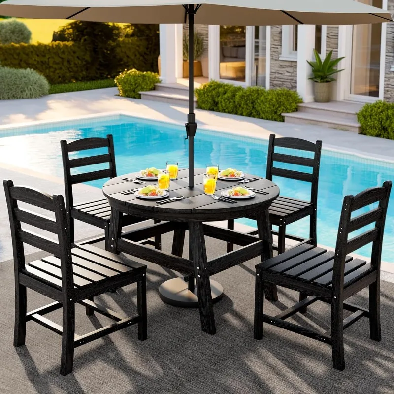 5 Piece Round Outdoor Dining Set, Relaxing HDPE Outdoor Table And Chairs With 105° Ergonomic Backrest, All-Weather Patio Table