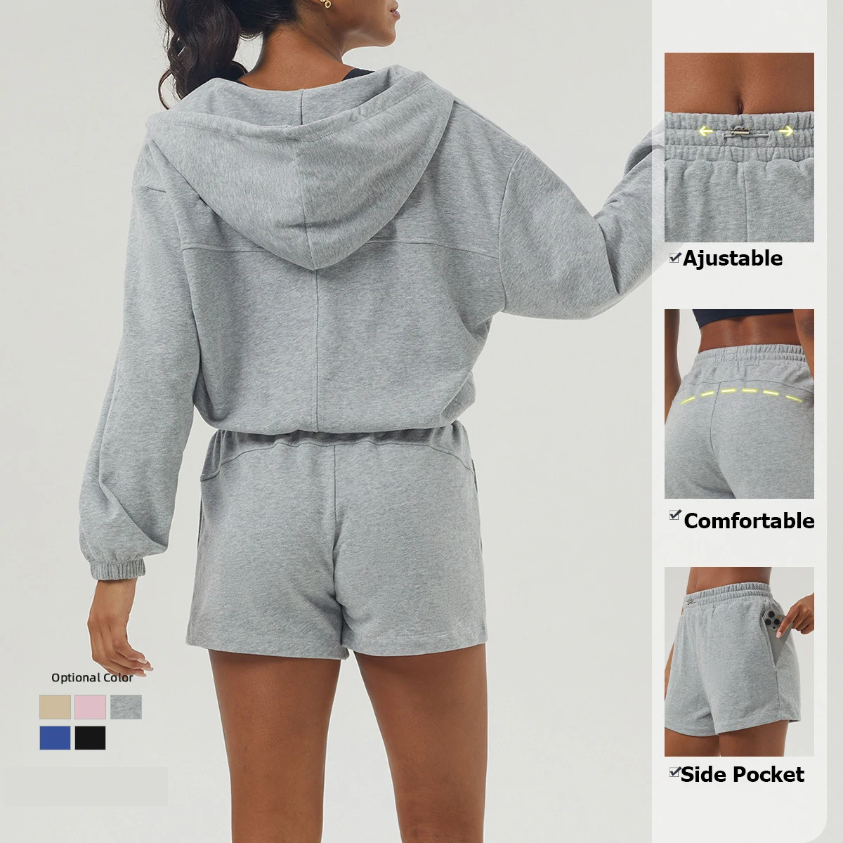 Women Gym Running Suit Breathable Two Pieces Fitness Yoga Set Long Sleeve Hoodie Shorts Workout Clothes Female Sportswear