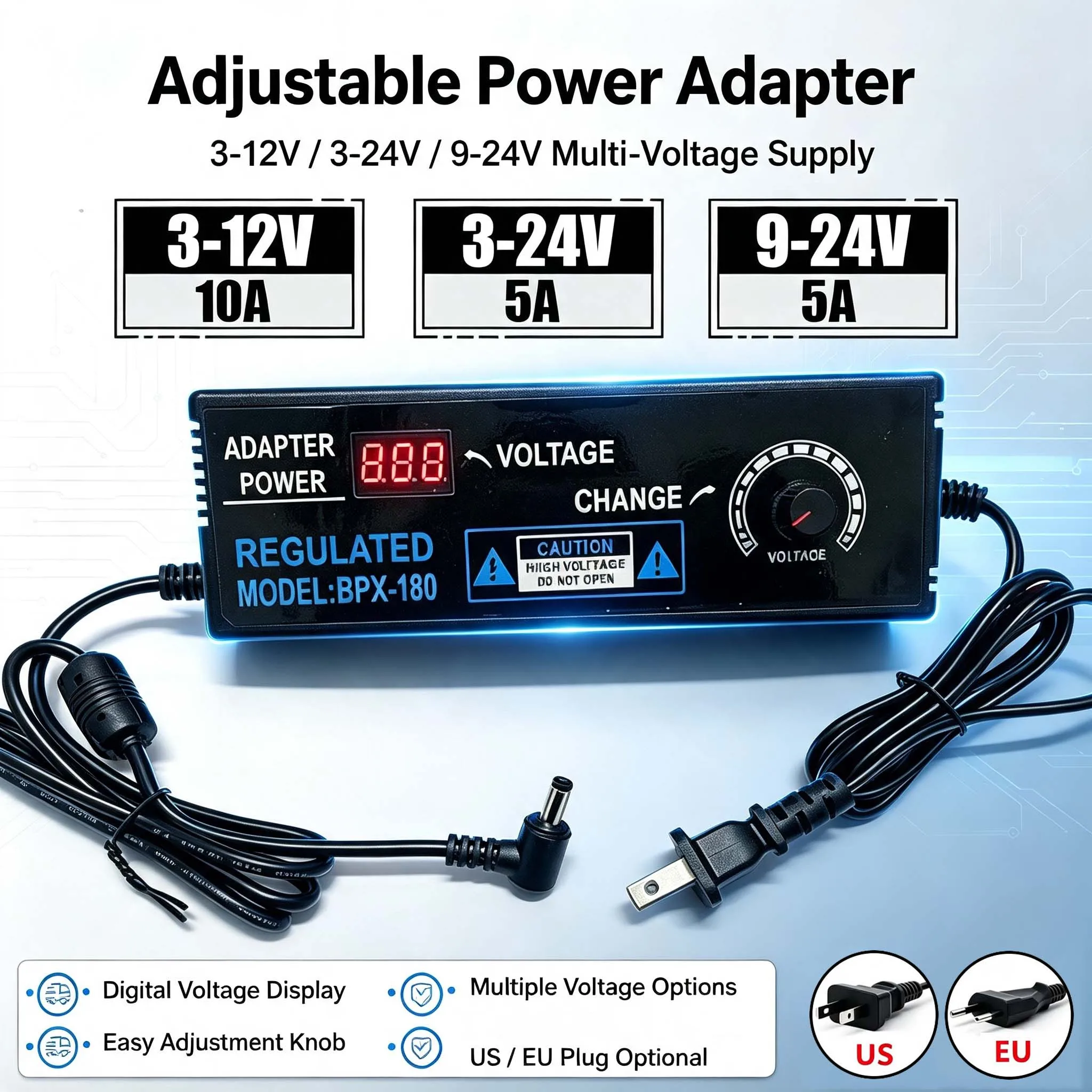 Adaptateur d'alimentation réglable 3-12V10A 3V-24V 9-24V 5A, transformateur universel pour LED, alimentation réglable avec écran d'affichage de la tension
