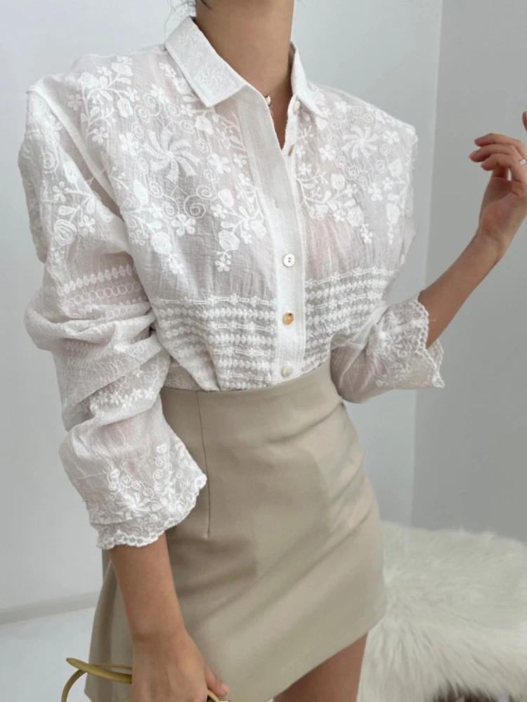 Summer Women Lace Blouse Shirt Sexy Flower Crochet Polyester Shirt Ladies Casual Straight Long Sleeves Lapel Blouse Suit