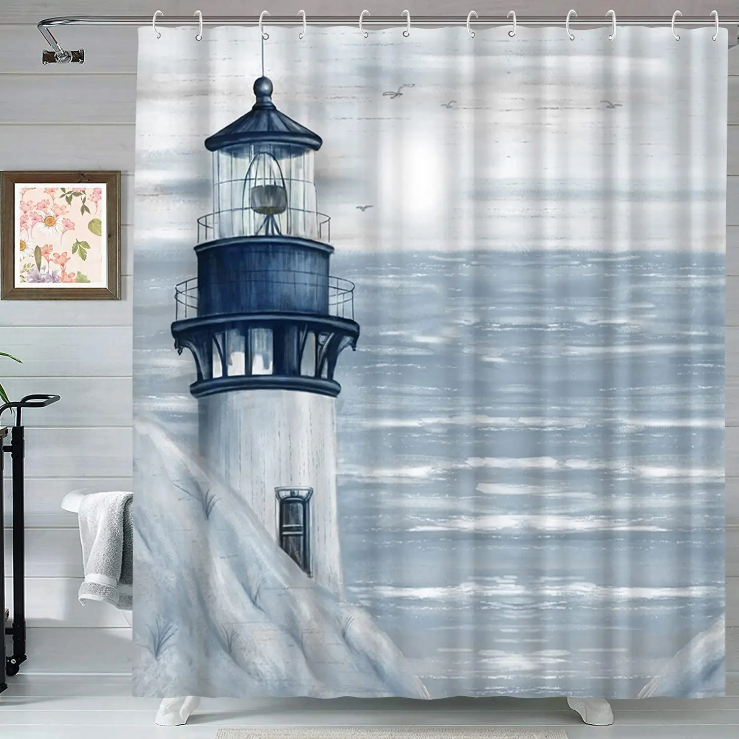 Lighthouse Shower Curtain Bathroom Decor Ocean Sunrise Nautical Seascape Shower Curtains Polyester Fabric Bath Curtain with Hook