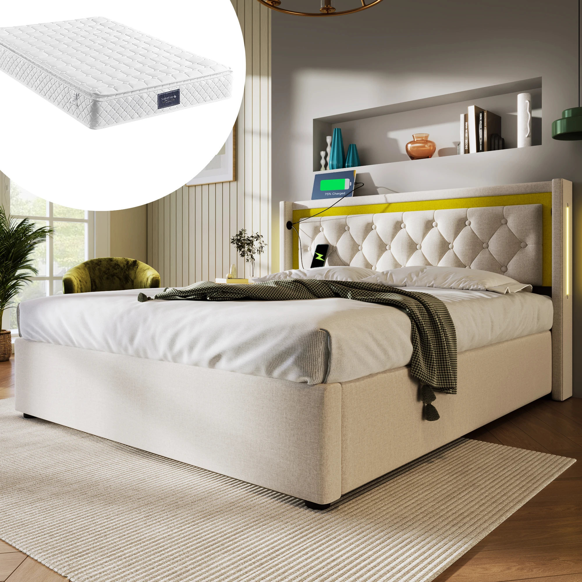 Upholstered bed LED Double Bed Storage bed Box with USB Type C Charging Headboard Storage Beds bed Rest Cotton bed 140x200 cm with Slatted Basket (With Mattress)