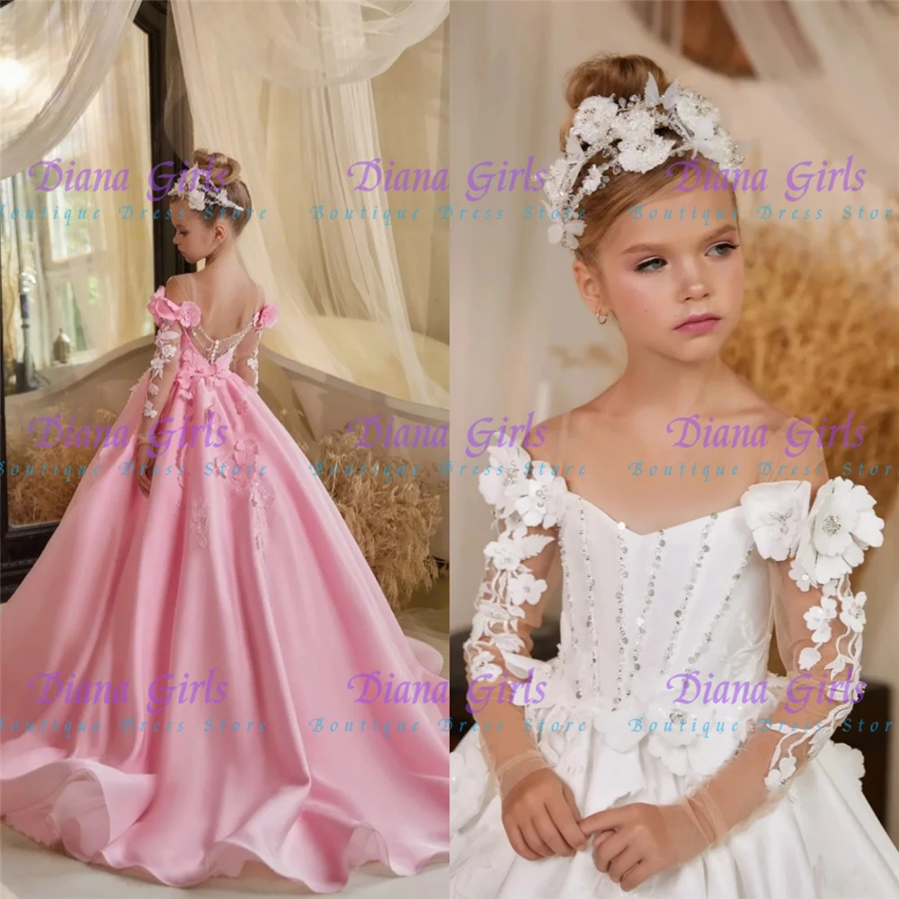 

Quality Elegant Evening Gown Satin Fluffy With Long Tailing Flower Girl Dress Little Princess Girls Wedding Birthday Ball Gowns