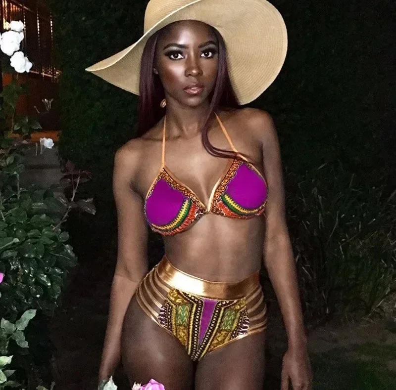 2023 New African Print Two-Pieces Bath Suits Bikini Set Sexy Geometric Swimwear Swimsuit Gold High Waist Swimming Suit image 5