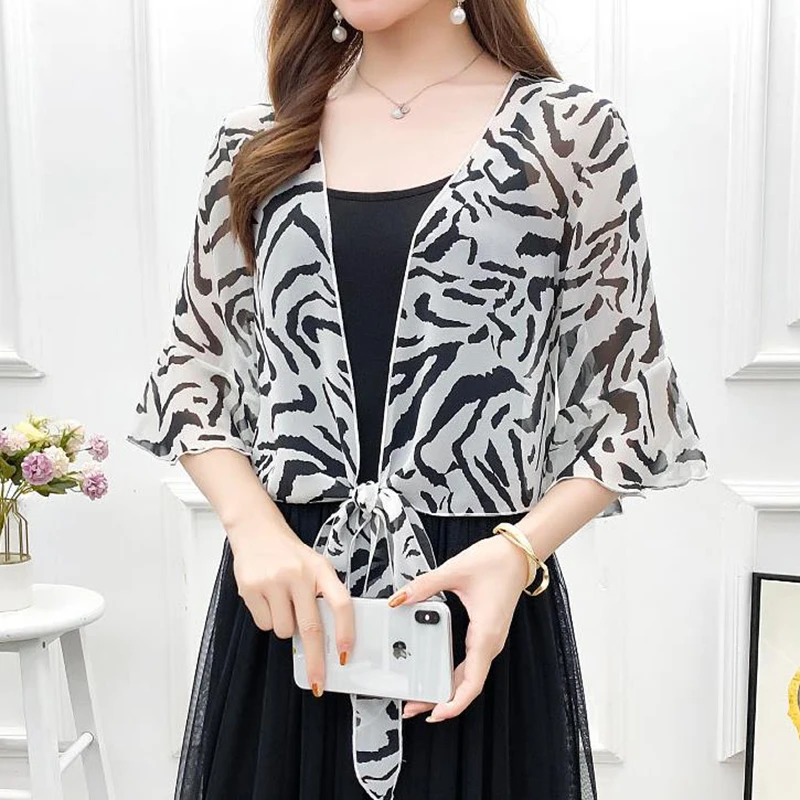 Fashion Zebra Print Chiffon Women\'s Sunscreen Shawl Summer Cardigan Thin Outer Jacket Blouses Neck Guard Cloak Sun Scarf R23