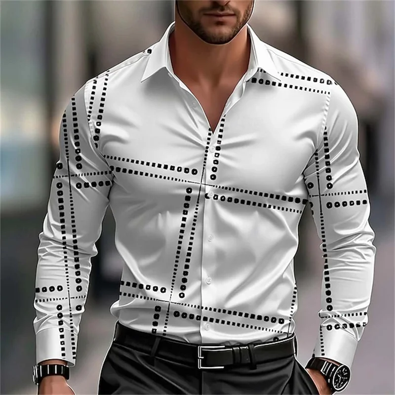

Men's Geometric Pattern Abstract Art Shirt, Long Sleeve, Fashionable Casual Vacation Everyday, Lapel, 3D Printed Button Shirt