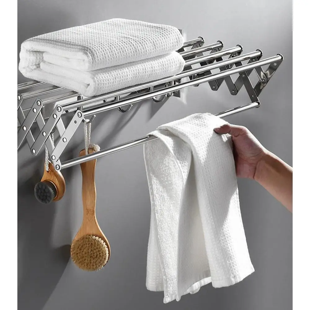 

Складная настенная сушилка для одежды и полотенец - выдвижная серебристая вешалка 50 см для экономии места в прачечной и ванной комнате