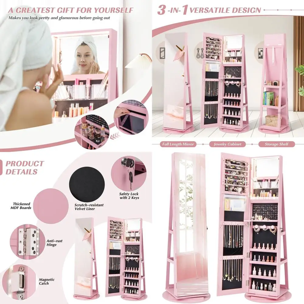 

Отдельностоящий розовый 360° ° Вращающийся шкаф для ювелирных изделий с зеркалом, светодиодной подсветкой и запираемым хранилищем для спальни