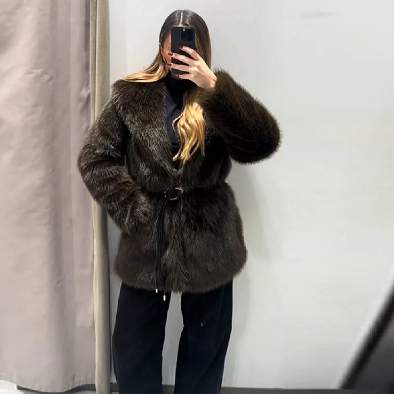 Women Elegant Luxurious Fluffy Faux Fur Loose Coat Fashion Solid Color Large Collar Long Sleeved Jacket 2025 New Chic Streetwear