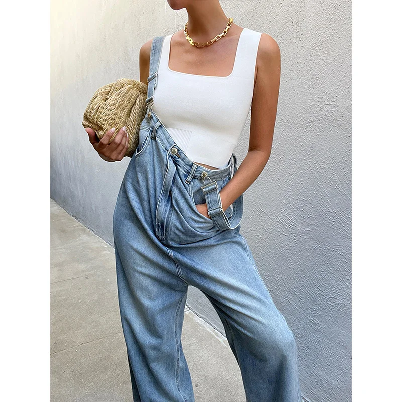 

SheonDHF ins trendy Xinjiang cotton, fashionable, thin, loose, high waist strap, cowboy jumpsuit, female, summer 2022