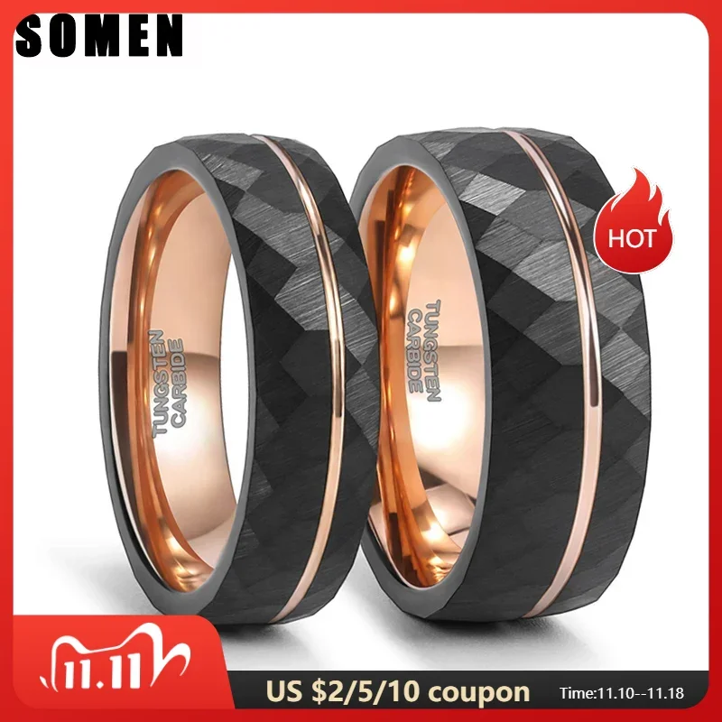 Somen Black Tungsten Rings 6mm 8mm Men Women Thin Rose Gold Groove Hammered Wedding Band Luxury Ring Comfort Fit