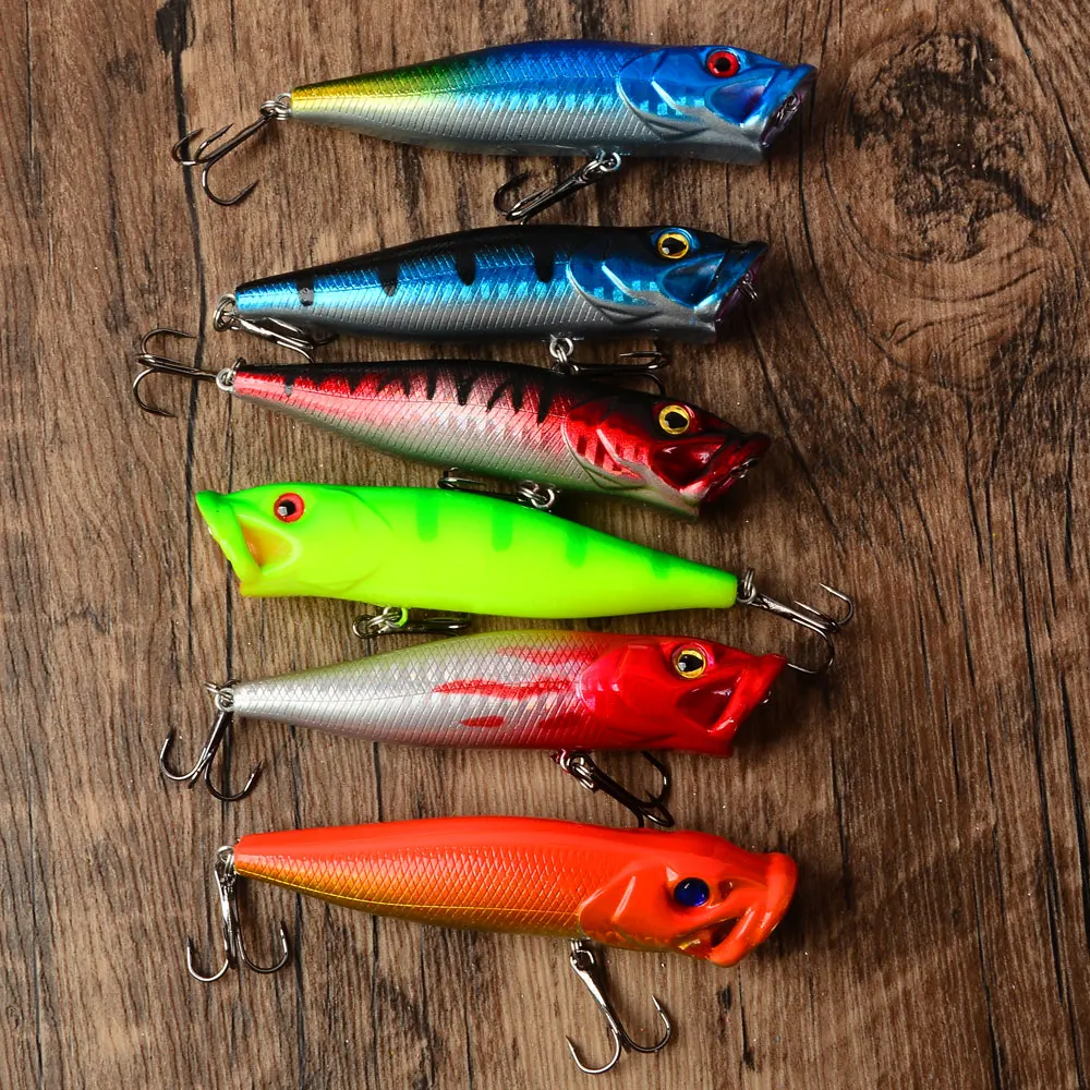 Kit de 6 Iscas Flutuantes Tipo Popper, Conjunto de Iscas Artificiais para Pesca, Iscas de Superfície Realistas para Pesca ao Ar Livre, Acessórios de Pesca
