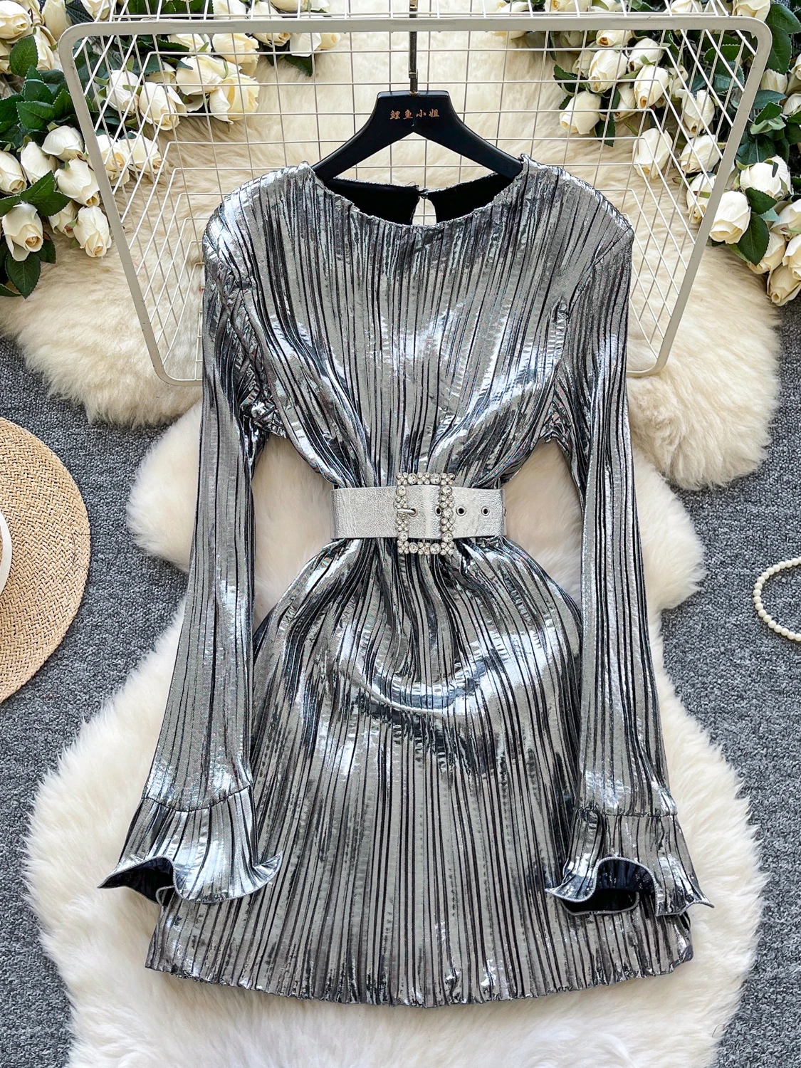 Mini robe de soirée argentée pour femmes, Vintage, élégante, col rond, manches longues, avec ceinture, frocs une pièce, vêtements d'automne, Y2k