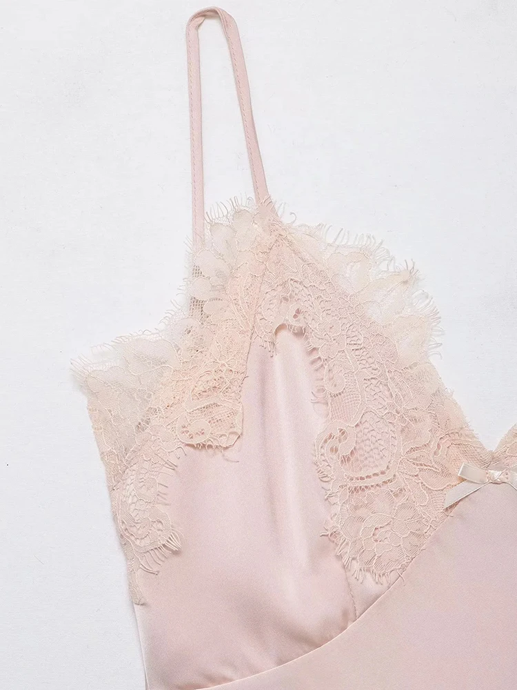 Mini robe Sexy en Satin pour femmes, col en v, dentelle, Patchwork, sans manches, dos nu, Slim, Chic, robe de vacances