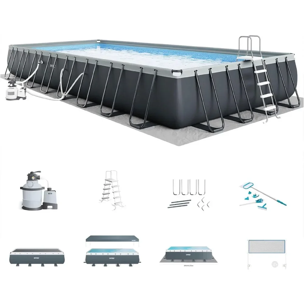 

Deluxe Swimming Pool Package: 32ft x 16ft x 52" – Includes Sand Filter Pump – Brine System ，Puncture Resistant ， Rust Resistant