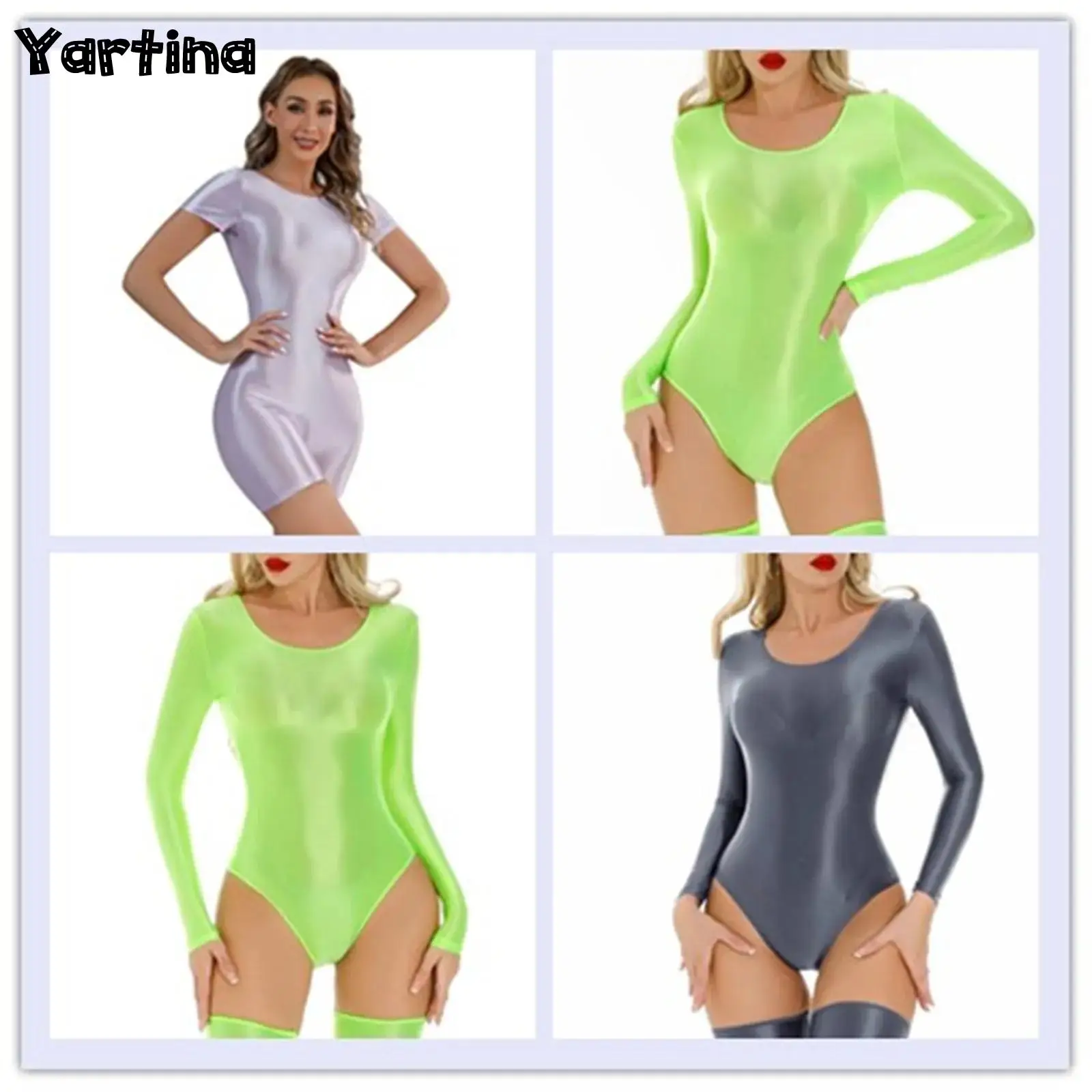 

Women's Swimsuit One Piece Swimwear Oil Glossy Stretchy Gym Fitness Long Sleeve Round Neck Tights Leotard Bodysuit Clubwear