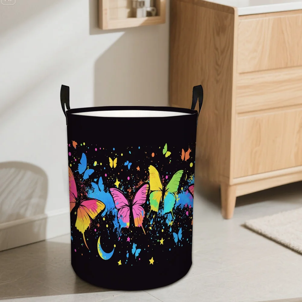 

Large Capacity Foldable Laundry Basket with Handle Space Saving Round Storage Bin Colorful Butterfly Night Sky Design