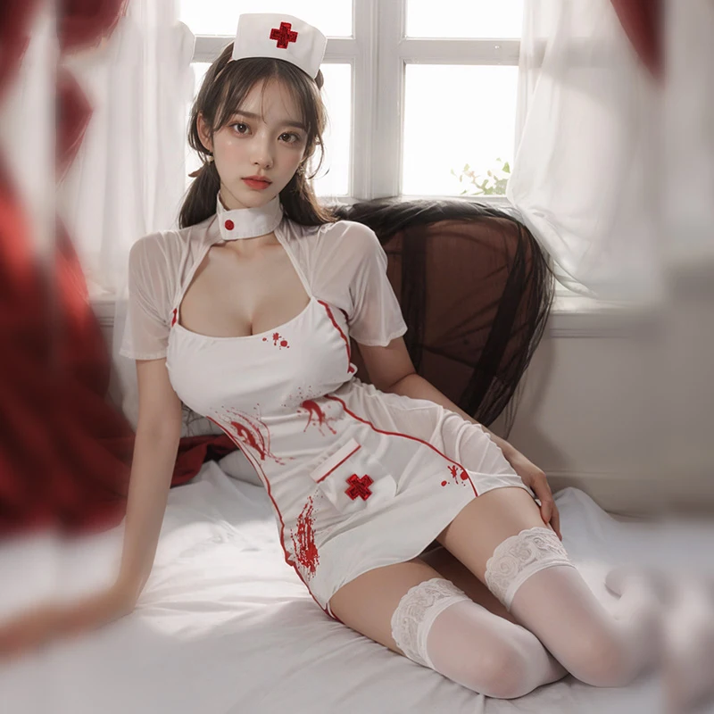 Sexy Lingerie Cosplay Nurse Uniform Set Halloween Women Vampire Doctor Dress Erotic Nurse Exotic Costume Hollow Out Sexy Dress