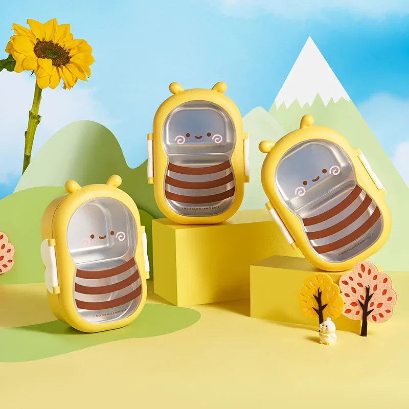 Portable Lunch Box for Student Cute Bee Bento Box Outdoor Camping Picnic Baby Food Container Stainless Steel Outing Tableware