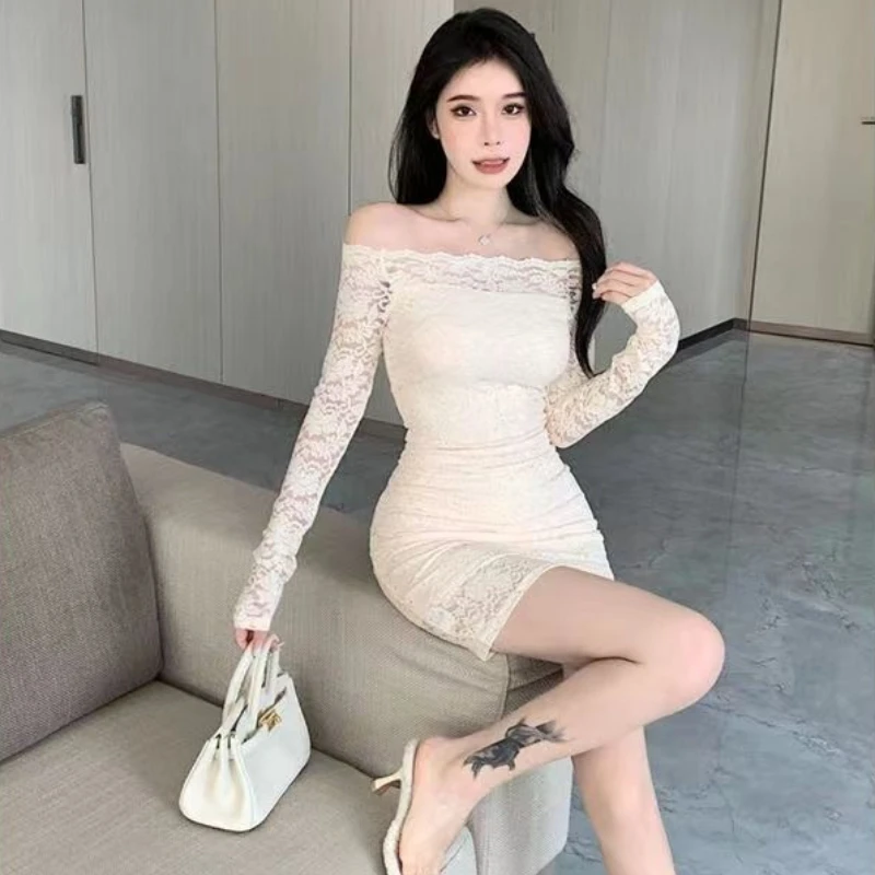 Mini sukienki bodycon z koronką, niebieskie, z jednym ramieniem, luźne, w promocji, tanie, codzienne, retro, grube, damskie sukienki z długim rękawem