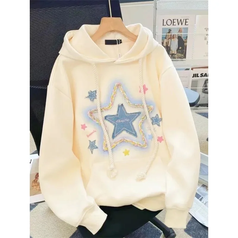 

Vintage Star Print Hoodies Women Streetwear Loose Long Sleeve Sweatshirts American Retro Bf Casual Harajuku Pullover Tops