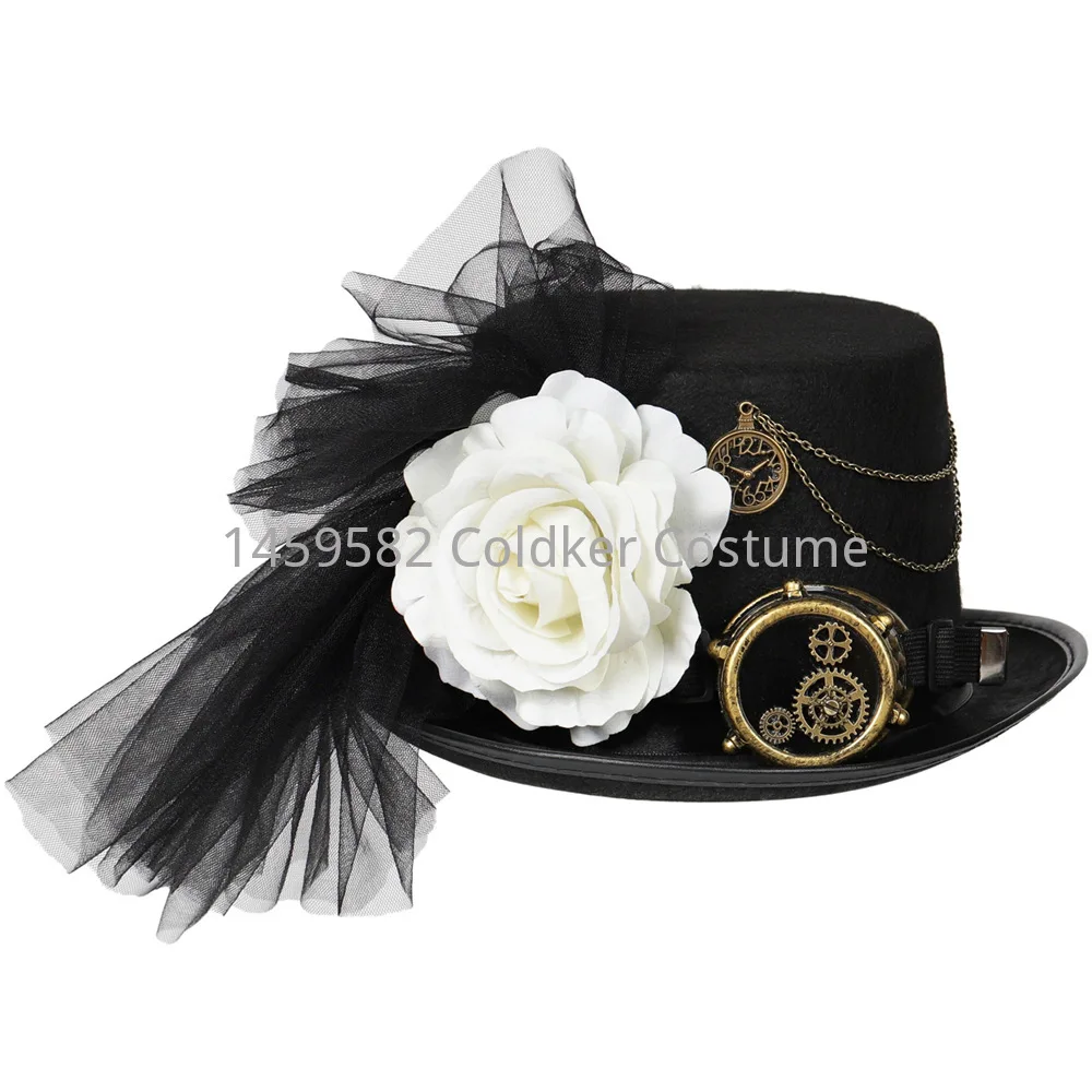 Unisex Retro Style Steampunk Top Hat Metal  Rose Gothic Rivet Wide Brim Head Wear Gears for Jazz Cosplay Halloween Fancy Dress