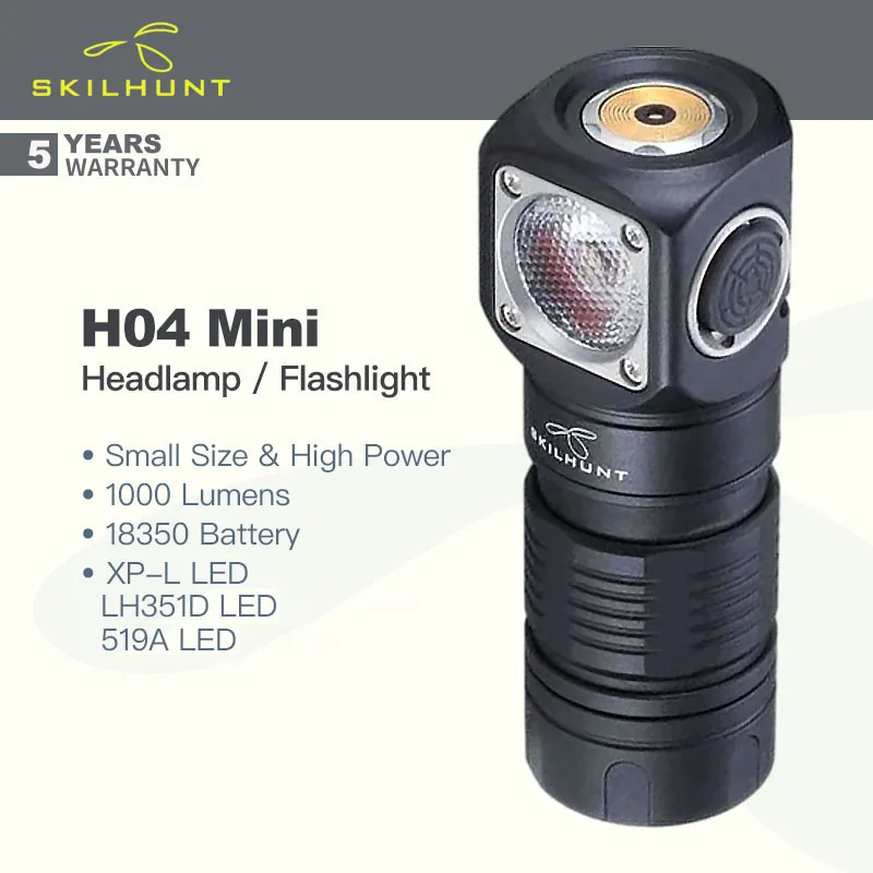 Skilhunt H04/H04R/H04F RC MINI Rechargeable Headlamp/Flashlight with 18350 Battery, 1000 Lumens,New UDOC Reflector,Magnetic Tail