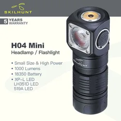 Skilhunt H04/H04R/H04F RC MINI Rechargeable Headlamp/Flashlight with 18350 Battery, 1000 Lumens,New UDOC Reflector,Magnetic Tail