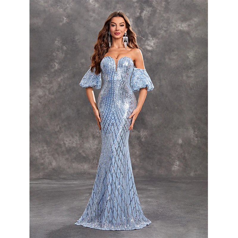 Frauen Sexy Backless Liebsten Kleider Sommer Off Schulter Blau Pailletten Formelle Anlässe Abend Cocktail Prom Langes Kleid Vestido