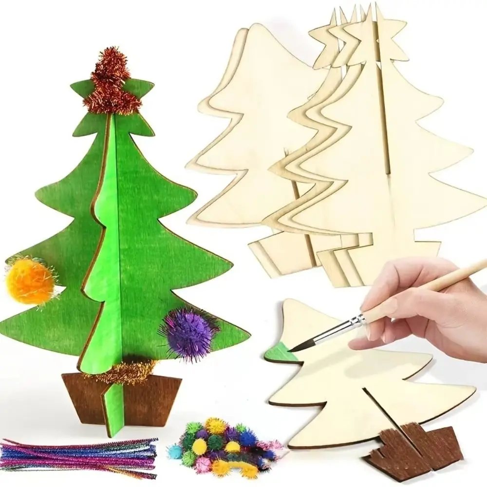

70Pcs DIY Handmade Christmas Tree Painting 3D Christmas Tree Ornaments Parent-child interaction Wooden Drawing Board
