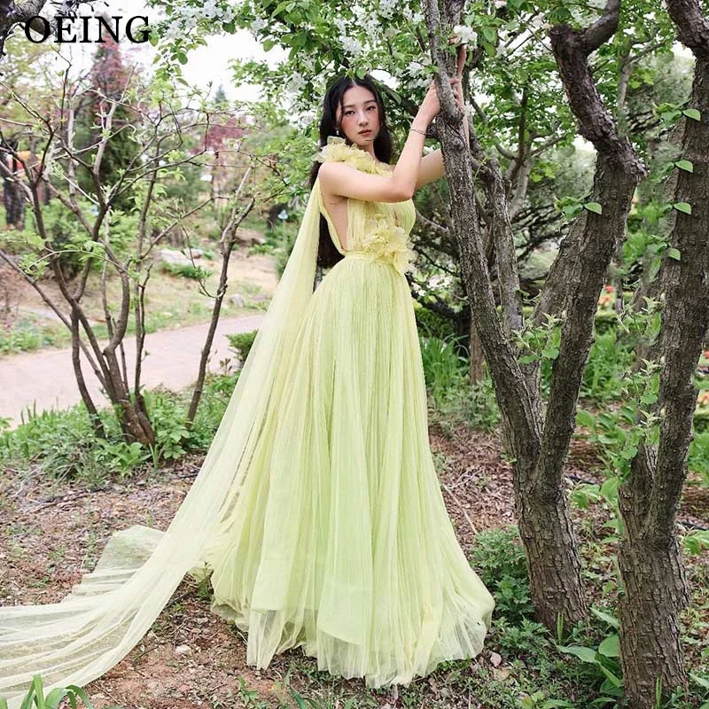 

OEING Mint Green Silk Organza Prom Evening Dresses Fairy Cape Lace Up Back Appliques Floor Length Bride Formal Party Dress