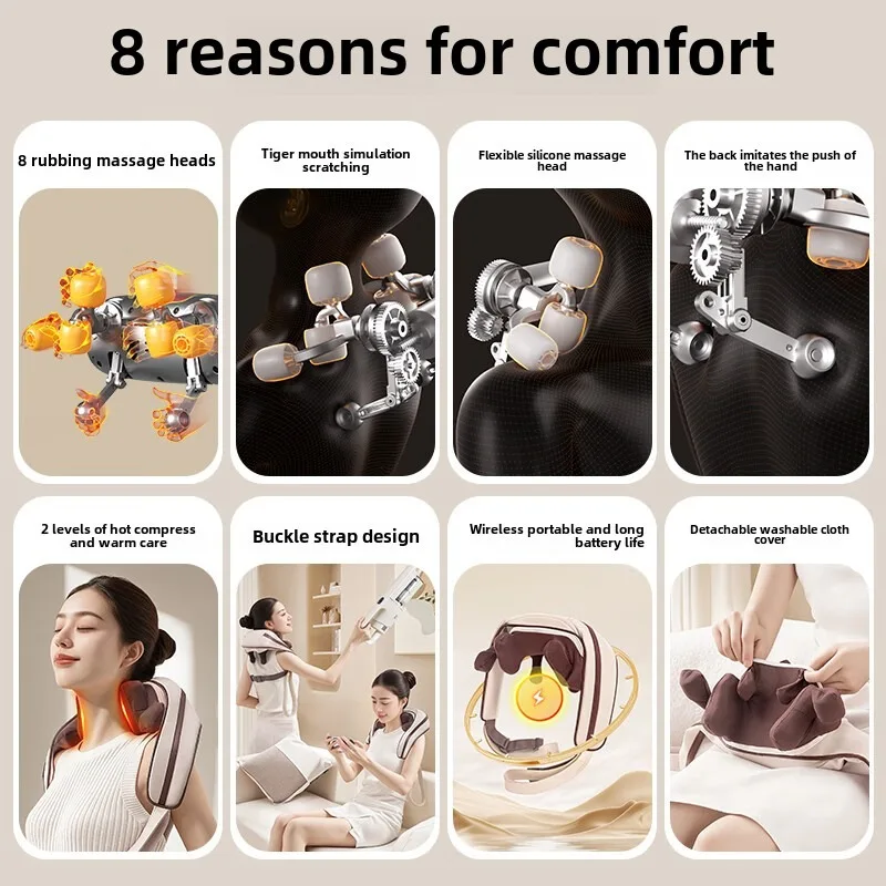 JAIYORL Upgrade 8 Heads Wireless Neck Back Massager Shoulder Kneading Massage Trapezius Shawl Cervical Relaxing Wearable Removab