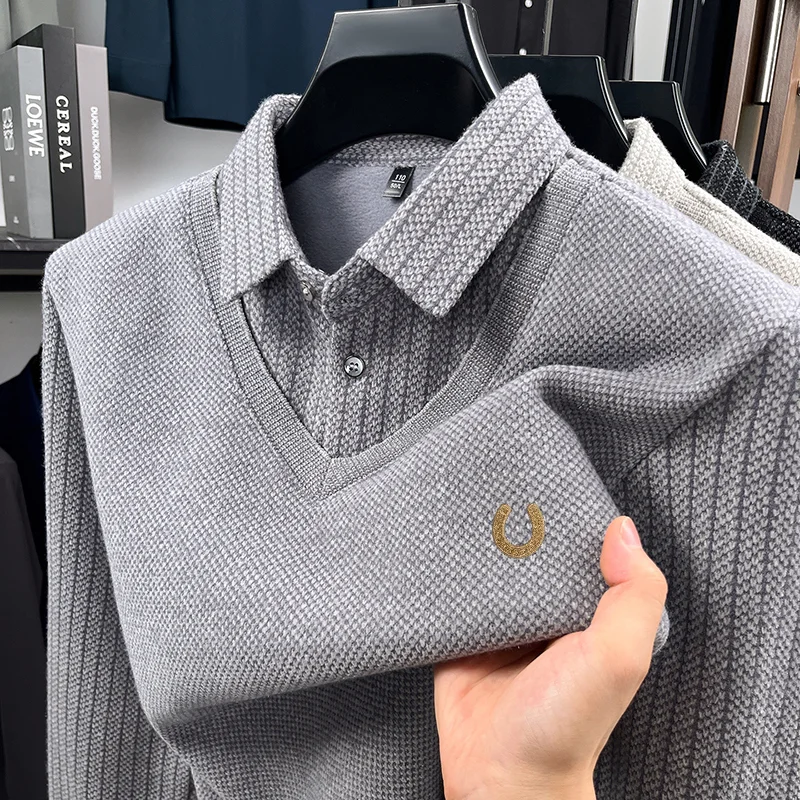 Quality Man Long-Sleeved Polo Shirt False Two-Piece Lapel Button Letter Embroidery Thicken Fleece-Lined Winter New Leisure Wear
