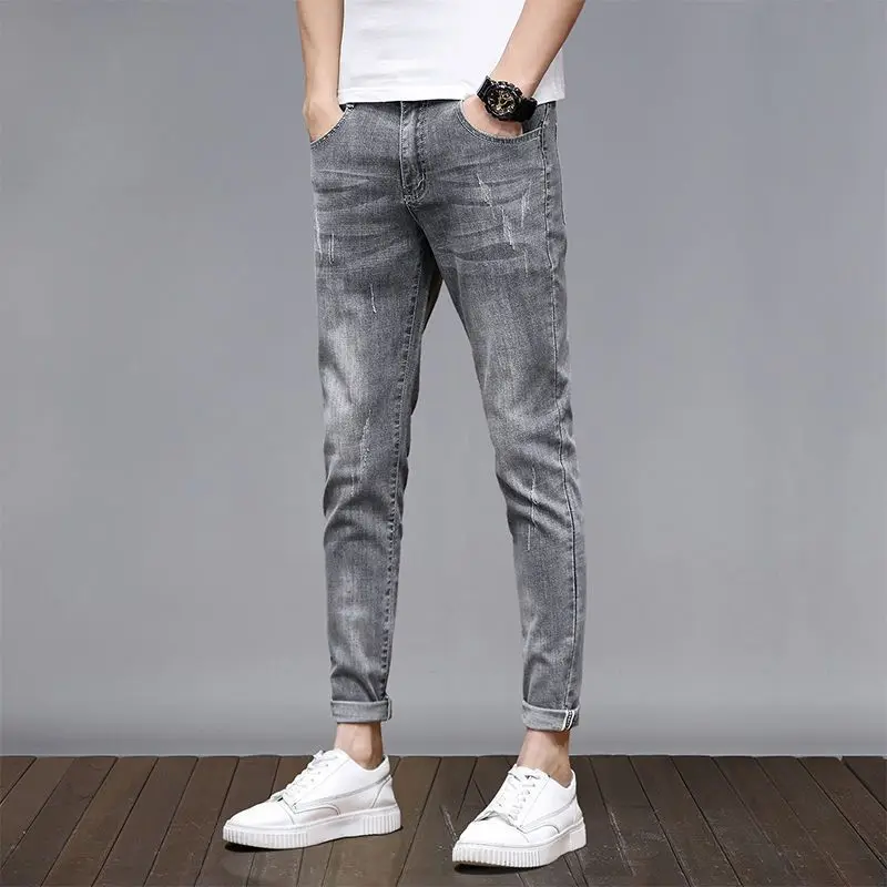 Mens Summer Lightweight Skinny Ankle Length Jeans Korean Fashion 2026 Slim Fit Elastic Casual Streetwear Trousers