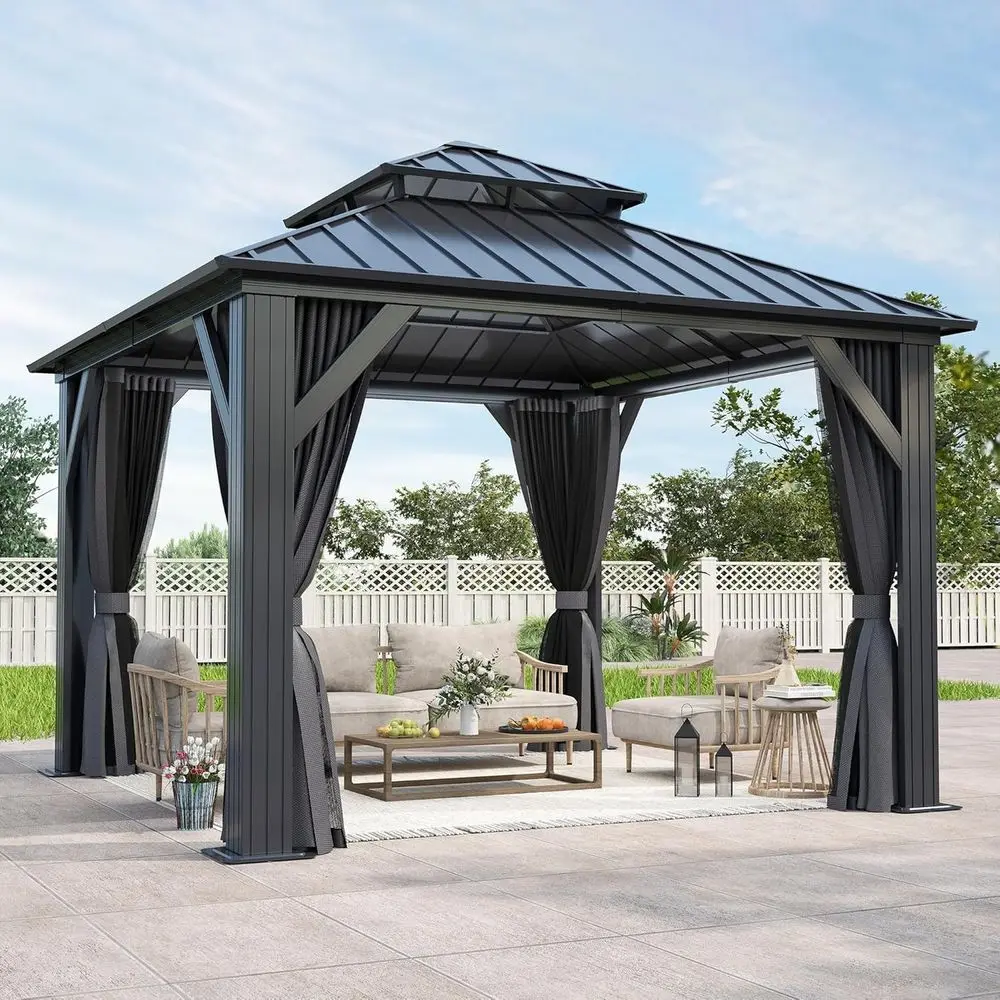 Gazebo de Techo Rígido para Exteriores de 10'x10' con Doble Techo - Gazebo de Acero Resistente con Malla Transpirable y Cortina de Privacidad o para Patio