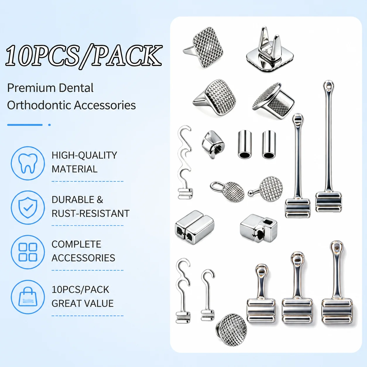 10Pcs Orthodontic Bondable Lingual Buttons, Crimpable Traction Hooks L/R, Mesh Base, Dental Accessories