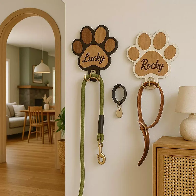 Custom Name Logo Paw Print Wooden Dog Leash Hanger Wall Hook Paw Design Leash Holder For Dog Collars Coats Wall Mount Decor Gift