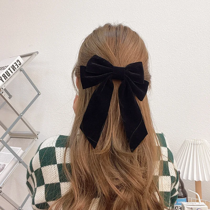 Fashion Red Black Bow Hair Clip for Women Korean Design Long Tassel Ribbon Bow Spring Clip Hairpins Girls New Year Headwear